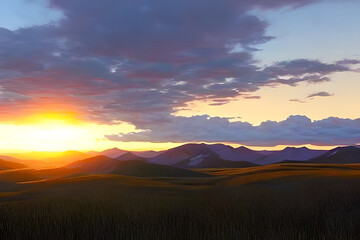 Landscape of a sunset with cloudy sky, the grassy field and the mountain background. generative AI