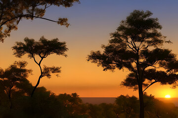 Silhouette of Acacia Trees at a dramatic sunset in Africa. generative AI