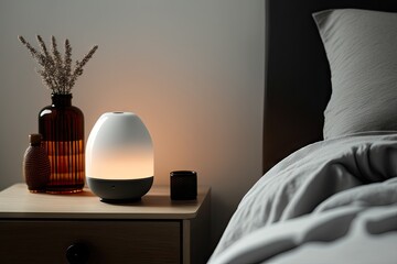 Aroma oil diffuser on table against in minimalist bedroom. ai generative