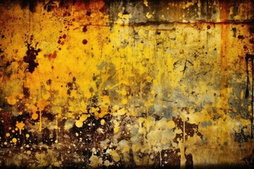 weathered and worn rusted wall with chipped yellow and brown paint. Generative AI