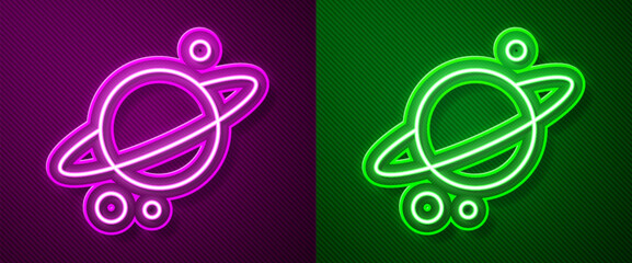Glowing neon line Planet Saturn with planetary ring system icon isolated on purple and green background. Vector © Kostiantyn