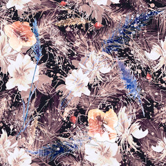 Seamless vintage pattern, flowers, Plant in watercolor. cedar branch, spruce, pine. Fashionable background. Abstract splash of paint. graphic flowers. Field bouquet. fashion illustration. grass, spike