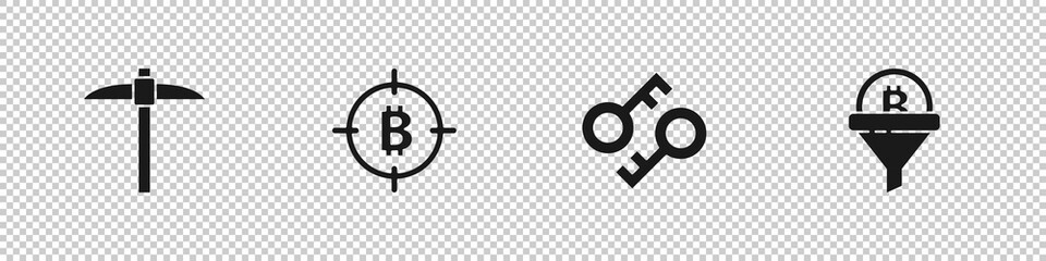 Set Pickaxe, Bitcoin in the target, Cryptocurrency key and Sales funnel with bitcoin icon. Vector
