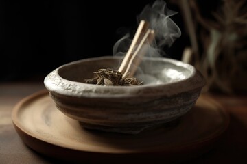 White sage incense burning on porcelain bowl. Generative AI
