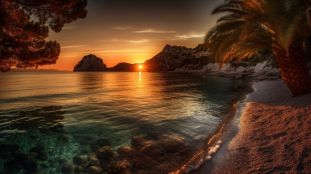 Roter Sonnenuntergang mit t&uuml;rkisem Wasser, Berge, Strand