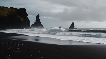 Naklejka na ściany i meble The otherworldly black sand beaches of Vik in Iceland, with dramatic rock formations and crashing waves,photorealistic