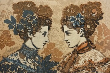 Illustration of two women with floral adornments in their hair, depicted in a painting. Generative AI