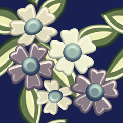 Seamless pattern of 3-d flowers, illustration with leaves.
