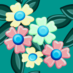 Seamless pattern of 3-d flowers, illustration with leaves.