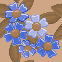Seamless pattern of 3-d flowers, illustration with leaves.