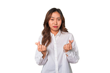 A young chinese woman showing that she has no money.