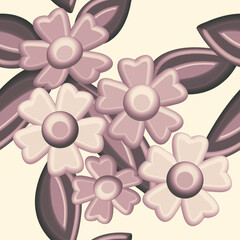 Seamless pattern of 3-d flowers, illustration with leaves.