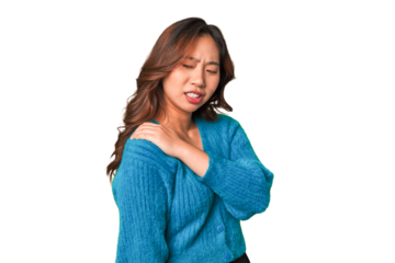 A young chinese woman having a shoulder pain.