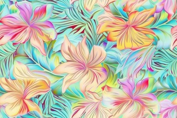 Exotic Colorful Tropical Hibiscus Flowers Hawaiian Pastel Mosaic Abstract Floral Seamless Pattern, Desktop Background, Screensaver with Soft Oranges, Yellows, Greens, Pinks, Purples, and Blues - obrazy, fototapety, plakaty