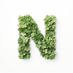 Letter N of the alphabet made from green clover leaves. Generative AI.