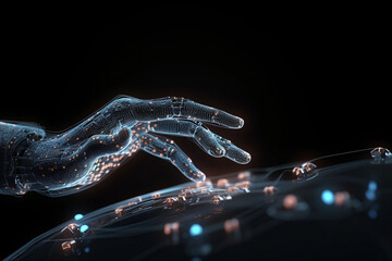Robot hand learns from human input on a touch screen - perfect for machine learning, and robotics concepts. This futuristic image showcases the seamless integration of human and machine. AI Generative