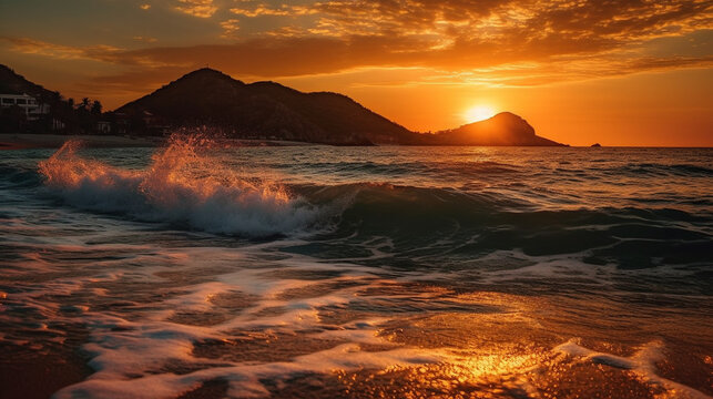 Roter Sonnenuntergang mit t&uuml;rkisem Wasser, Berge