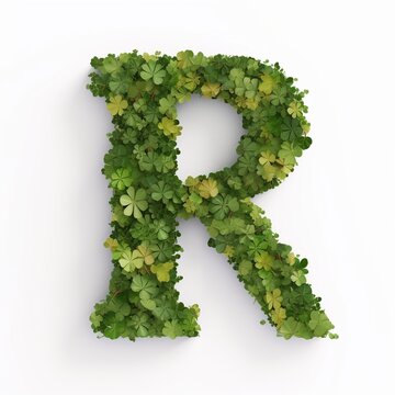 Letter R of the alphabet made from green clover leaves. Generative AI.