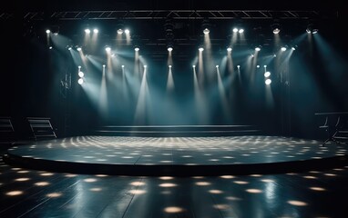 Empty stage of the theater, lit by spotlights before the performance. Red round podium on bright background. Empty pedestal for award ceremony. Platform illuminated by spotlights. Generative AI