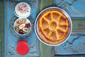 Ramadan Cuisine Background Photo, Traditional Turkish Baklava, Turkish Pita, Turkish Delights and Ottoman Sherbet, Üsküdar Istanbul, Turkey