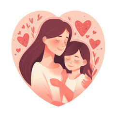 Little girl hug her mother with love in heart frame. Mom and daughter love as family greeting card. Mothers day concept media isolated transparent png. Generative AI