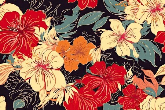 Exotic Colorful Tropical Hibiscus Flowers Hawaiian Pastel Mosaic Abstract Floral Seamless Pattern, Desktop Background, Screensaver with Soft Oranges, Yellows, Greens, Pinks, Purples, and Blues
