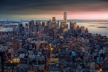 New York, USA - April 26, 2022: Amazing night view of NY from above. Manhattan Business District