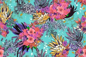 Obraz na płótnie Canvas Exotic Colorful Tropical Hibiscus Flowers Hawaiian Pastel Mosaic Abstract Floral Seamless Pattern, Desktop Background, Screensaver with Soft Oranges, Yellows, Greens, Pinks, Purples, and Blues