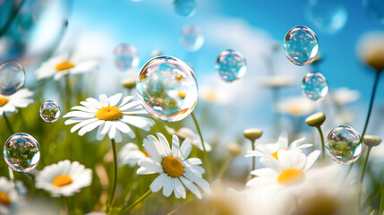 Obraz na płótnie Canvas Chamomile flowers with soap bubbles on sunny meadow. Nature background. White daisies and soap bubbles on a green meadow. Generative AI technology.