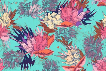 Exotic Colorful Tropical Hibiscus Flowers Hawaiian Pastel Mosaic Abstract Floral Seamless Pattern, Desktop Background, Screensaver with Soft Oranges, Yellows, Greens, Pinks, Purples, and Blues
