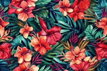 Exotic Colorful Tropical Hibiscus Flowers Hawaiian Pastel Mosaic Abstract Floral Seamless Pattern, Desktop Background, Screensaver with Soft Oranges, Yellows, Greens, Pinks, Purples, and Blues
