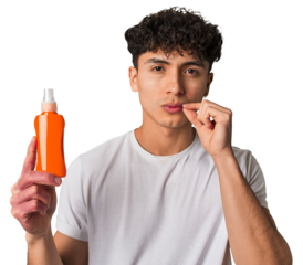 A young latin man holding a solar protection cream with fingers on lips keeping a secret.