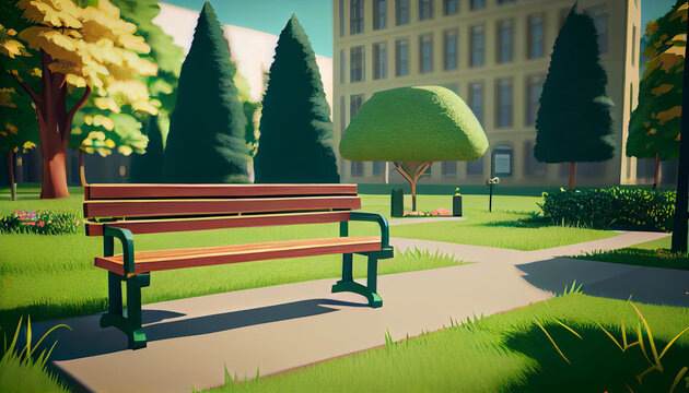 A park in the middle of the city, complete with lush grass, trees, and wooden benches. Background for 2d animation with a parallax effect depicting a summertime city park. Created with Generative AI