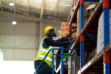 Warehouse workers checking the inventory. Products on inventory shelves storage. .Worker Doing Inventory in Warehouse. Dispatcher in uniform making inventory in storehouse. supply chain concept