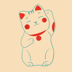 Lucky cat. Colorful cute screen printing effect. Riso print effect. Vector illustration. Graphic element  for fabric, textile, clothing, wrapping paper, wallpaper, poster.