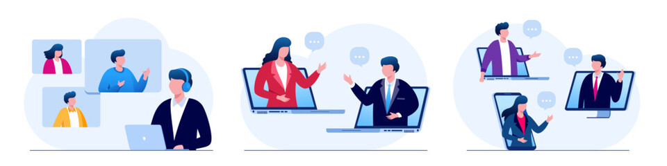 People connecting online with teleconference and video conference for meeting learning remote working concept. flat vector illustration design