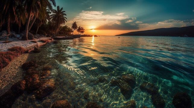 Sonnenuntergang mit t&uuml;rkisem Wasser, Palmen Oase