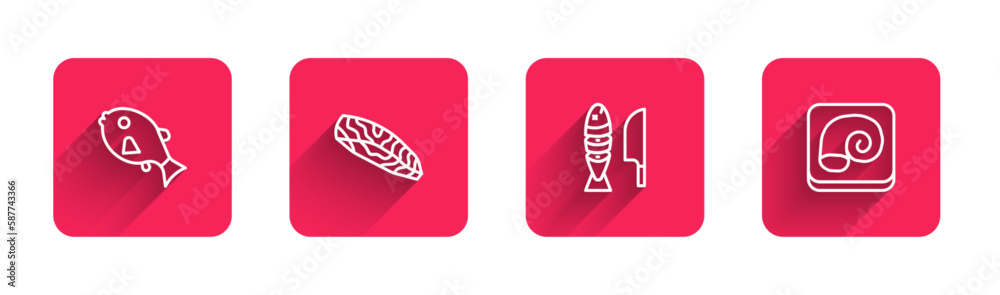 Canvas Prints Set line Tropical fish, Fish steak, with sliced pieces and Octopus on plate with long shadow. Red square button. Vector