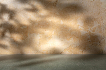 Moody sunlit scene made with earthy natural stone and retro green textured background. Minimal design with light and shadow. Creative copy space.