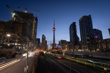 Fototapeta na wymiar Downtown Toronto At Sunrise, Construction And Transportation Infrastructure