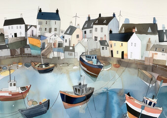 Fototapeta na wymiar Quirky seaside fishing harbour, watercolour style, generative ai