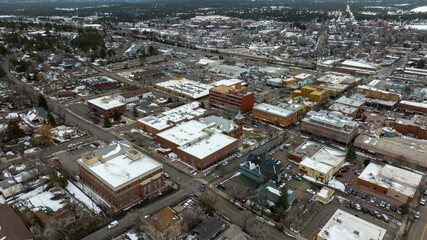 Aerial view of downtown Flagstaff after a snow storm.