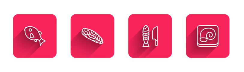 Set line Tropical fish, Fish steak, with sliced pieces and Octopus on plate with long shadow. Red square button. Vector