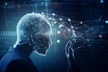 a modern businessman with an AI head using advanced technology to interact with a screen on the wall. The futuristic concept highlights the seamless integration of human and machine. AI Generative
