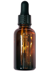 Dark brown glass dropper bottle for serum or essential oil isolated on transparent background....