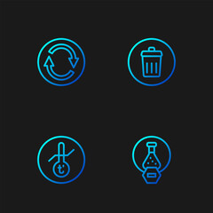 Set line Test tube and flask, Meteorology thermometer, Recycle symbol and Trash can. Gradient color icons. Vector