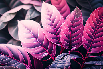 Pink botanical background with delicate tropical leaves elements
