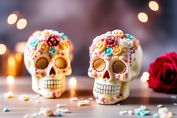 Artisanal Catrinas in white chocolate and caramel for Dia de los Muertos. Generative AI.