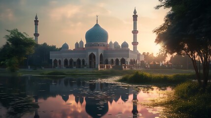 mosque full object perspective photo generate AI, for ramadhan kareem, eid al fitr, eid adha, islamic event