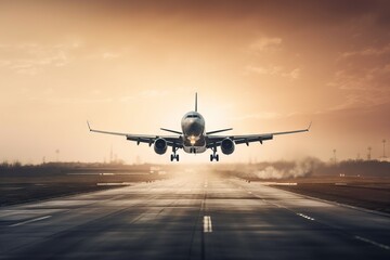 Fototapeta na wymiar a large jetliner flying over a runway at sunset or dawn. generative ai